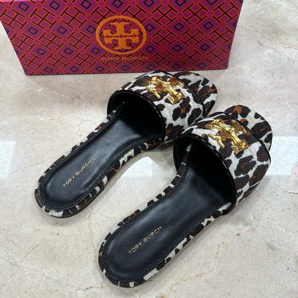 TORY BURCH ELEANOR SLIDE GOAT AND PATENT LEATHER W/LEOPARD PRINT STRAP SIZE 8 - Picture 3 of 13